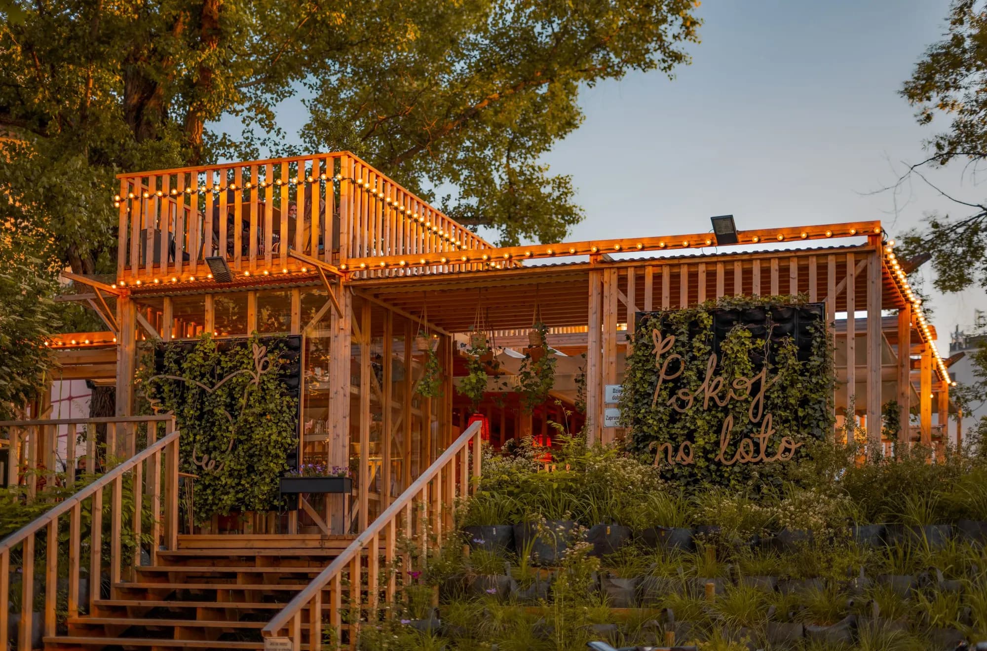 Timber deck framing under construction in warm evening light